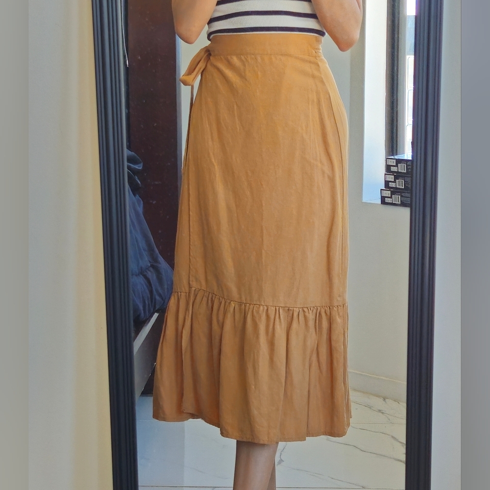 linen midi wrap ruffle skirt
